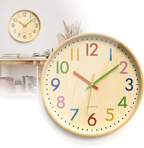 Lernuhr Kinder Wanduhr 30cm, Kinder Wanduhr Ohne Tickgeräusche, Batteriebetriebene Dekorative Uhr, Holz Lesende Bunte Arabische Ziffern Lautlos Kinderuhr Für Jungen Mädchen Kinderzimmer Schlafzimmer