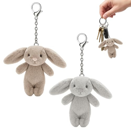 DqiUnaX Schlüsselanhänger Hase, Black Rabbit, Fluffy Taschenanhänger Plüsch, 2 Stück, Braun Und Hellgrau, 10 cm, Anhänger, Schlüsselanhänger Plüschtier ﻿