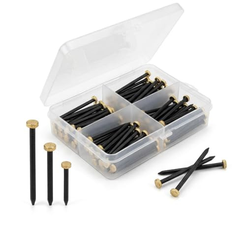 LUCTHY Picture Hanging Nails, 75 Pack Heavy Duty Wall Pins in 3 Sizes | Steel, brass heads. 75 nails pins in 3 sizes. For picture frames on drywall, plasterboard, wood. Clear storage box included