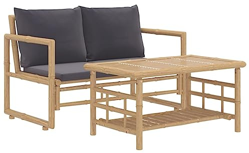 Qnhdfrt 2-TLG. Garten-Lounge-Set aus Bambus, Sitzgruppe mit Tisch, Gartenbank inklusive bequemer Sitz- und Rückenkissen in Dunkelgrau, rustikale Terrassenmöbel für den Außenbereich