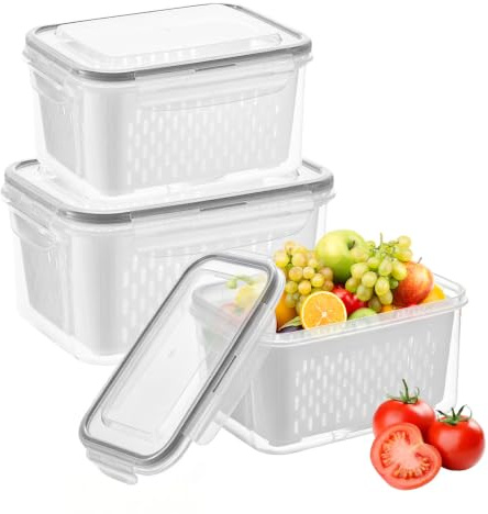 dogmoon Fridge Fruit Storage Containers with Removable Colander, 3 Set Fresh Food Storage Containers with Lids Airtight, Stackable Leak Proof Fridge Containers for Kitchen Meat Fruit Vegetables(Grey)