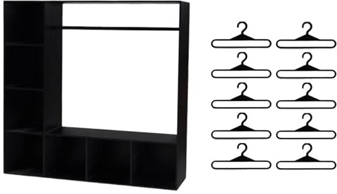 FewNvWa Puppenkleiderschrank mit 10 Haken, Inklusive Tragbarer Aufbewahrungsbox Und Figurenregal, Geeignet für Die Heimdekoration, Schwarz
