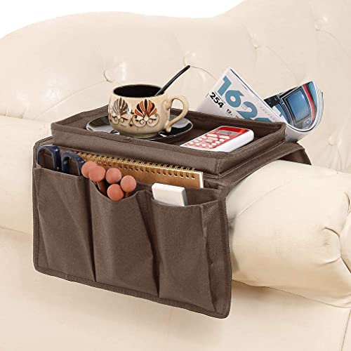 FakeFace TV Remote Control Organizer Holder, 6 Pockets Foldable Hanging Storage Bag with Clamp Drapes Over Sofa Armrest Tray for Cellphone Magazine Tea Cup Audio Video Snacks Organization (Brown)
