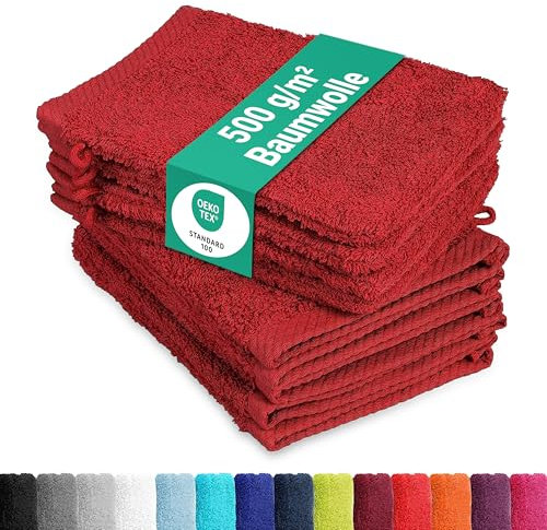 10er Pack Waschhandschuhe, Waschlappen Größe 15x21 cm in Rot 100% Baumwolle