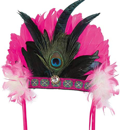 KarnevalsTeufel Feder-Kopfschmuck in pink mit Borte und Schmuckstein Indianer Kopfbedeckung mit Pfauenfeder Inka Maya
