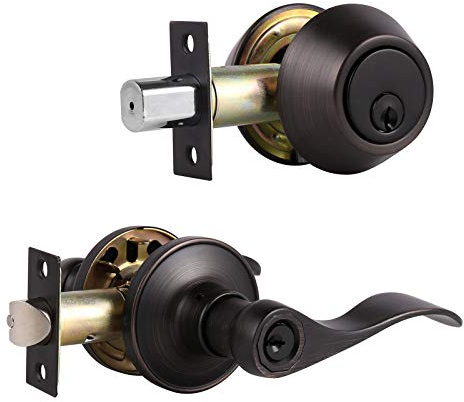 Probrico Wave Style Keyed Entry Door Handle Lever with Double Cylinder Deadbolt Combo Lock Set in Oil Rubbed Bronze Finish