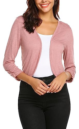 Parabler Chaqueta Mujer Corto 3/4 Manga Bolero Festivo Elegante Frente Abierto Cardigan Casual Hombro Chaqueta Corto Bolero Rosa XL