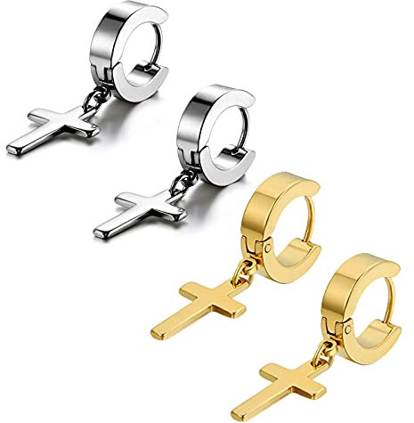 Flongo Acier Inoxydable 2 Paire Clou d'oreille Boucle d'Oreille Clou d'Oreille Argent Doré Ronde Croix Pendentif Rétro Homme Femme