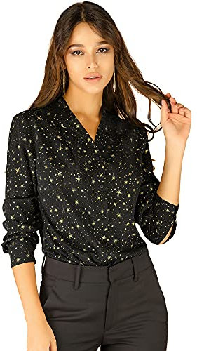 Allegra K Damen Langarm V-Ausschnitt Stehkragen Metallic Stern Top Bluse Schwarz S