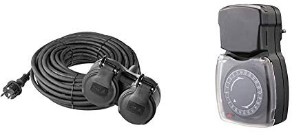 EMOS Rallonge avec 2 Prises Schuko 15 m Double rallonge 2 Prises Schuko & Chacon 54008 Programmateur mécanique étanche, Noir