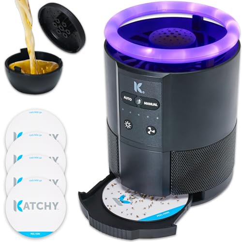 Katchy Duo Piège à insectes d'intérieur avec capsule parfumée - Alimenté par ventilateur avec lumière UV - Piège à mouches à fruits pour l'intérieur - pour mouches des fruits, moucherons, moustiques,