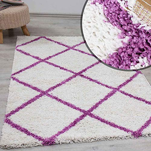 VIMODA Hochflor Teppich Rauten Design Wohnzimmer Creme Lila Modern, Maße:120x170 cm