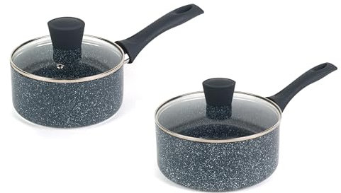 Russell Hobbs COMBO-7516A Nightfall Stone Saucepans - 2 Piece Set, 16cm & 20cm Saucepan Set With Glass Lids, Non-Stick, Easy Clean, PFOA Free, Bakelite Soft Touch Handles, Cook With Little To No Oil