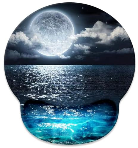 Tappetino per mouse Moon and Blue Ocean con supporto per il poggiapolsi e il poggiapolsi in gomma antiscivolo per videogiochi, tappetino ergonomico per mouse per computer portatile (oceano e luna)