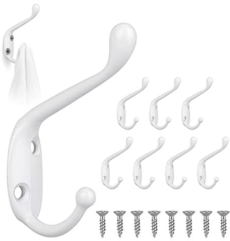 Prong Wall Mounted Hooks, 8Pcs Vintage Hooks for Coats, White Double Door Hooks with 16Pcs Screws, Metal Bathroom Hanger Hooks Clothes Hooks for Towel Hat Keys Bag Kitchen Bathroom Bedroom