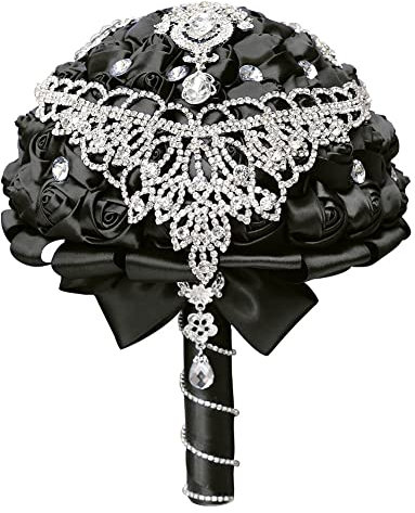 Sharebeauty 18 cm handgefertigter Satin-Rosenstrauß für Brautstrauß, rund, Hochzeitsstrauß, Überwurf, künstlicher Blumenstrauß, Schwarz