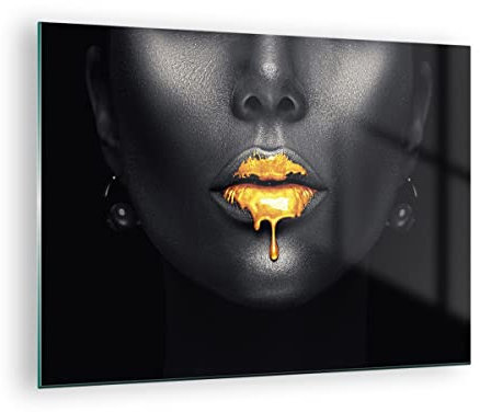 Bilder auf Glas Gold Mund Schwarz Glasbild 70x50cm Wandbilder Dekoration Wohnzimmer Schlafzimmer Küche Deko Klein Wanddeko Bild im Glas Wand Kunstdruck Art Modern Wall Decor Glasdruck GAA70x50-4460