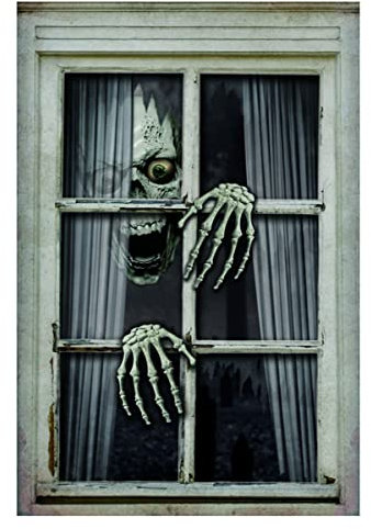 horror-shop Unheimliche Totenkopf mit Händen als Fensterdekoration