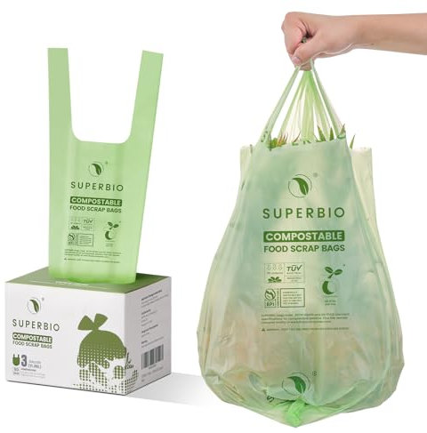 SUPERBIO 3 Gallon Compostable Handle Tie Kitchen Garbage Bags, 80 Count, Food Scrap Trash Bags For Home Office Bathroom Kitchen Bins, Certified by BPI and OK Compost