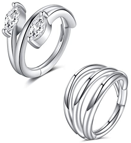 VFUN 16G 8MM Hinged Clicker Ring Chirurgenstahl Segmentring Triple Helix Ohrring Piercing Double CZ Blatt Knorpel Ohrpiercing Septum Piercing für Damen Helix Piercing Ring Nasenpiercing Silber