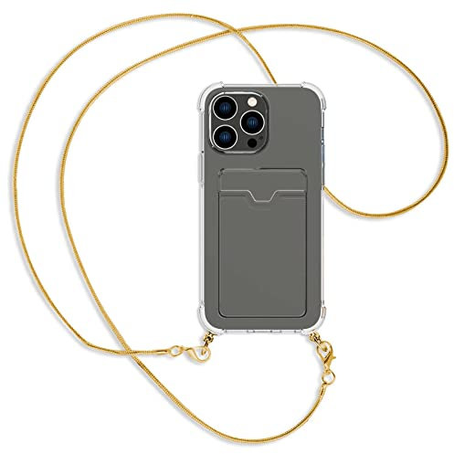 mtb more energy® Umhänge-Hülle mit Kartenfach kompatibel mit iPhone 14 Pro Max - Metallkette (Snake Gold) - Einschub für Personalausweis etc - Handykette mit Anti Shock Case