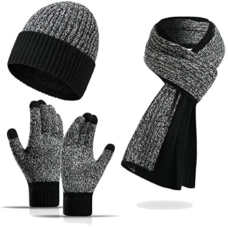 Jarseila Mütze Schal Handschuhe Set Herren Wintermütze Touchscreen Handschuhe Lange Schal Damen Winter Warme 3 in 1 Set Unisex Strickmütze Beanie Schwarz