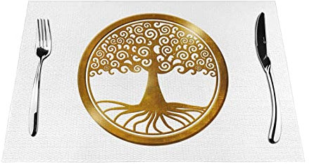 Woven Placemats 1-6 Sets World Tree Life Gold Wheel Washable Pvc Placemats For Kitchen Table Mats, 18 X 12 Inch (30x45 Cm) 6 Pcs