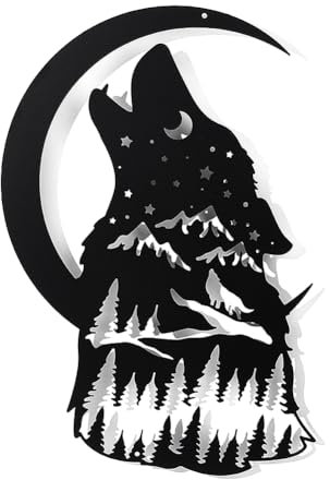 nbeads Howling Wolf Metall Wanddeko, Wolf heult den Mond an Schwarzer Wandbehang Wanddekoration Silhouette Wandkunst Metallbilder Für Zuhause Schlafzimmer Flur Wohnzimmer Badezimmer Hotel, 30x22.7 cm