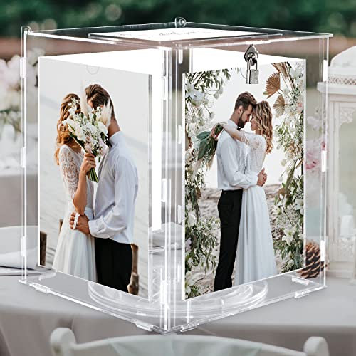 Benjia Hochzeit Kartenbox aus Acryl Hochzeitsbox mit Bilderrahmen für 20x25cm Bilder, Groß Kartenbox Geld Geschenkkarten Box Briefbox mit Schloss Schlitz Rezeption Hochzeit Geburtstag Jubiläum