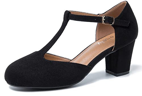 Peijely Mary Jane Damen-Pumps mit T-Riemen, Blockabsatz, Knöchelriemen, Schnalle, Kleid Pumps, Schwarzes Wildleder, 41 EU