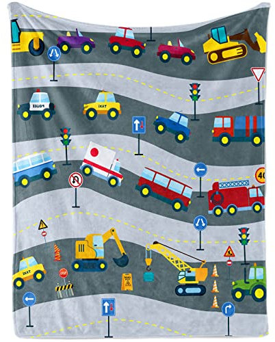 Fahrzeug Babydecke für Jungen, Weich Flauschig Grau Bau Autos Wagen Neugeboren Flanell Decke, Bagger LKW Baby Kuscheldecke Wohndecke für Kleinkinder Kinder Geschenk Couch Sofa Deko, 80 x 120 cm