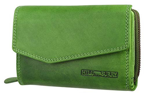 Hill Burry Damen Geldbörse Portemonnaie echt naturgegerbt Leder | Reißverschluss | praktisches Kleingeldfach | Brieftasche | Geldbeutel | Wallet | RFID Schutz Green