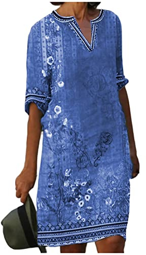 Kleid Damen Elegant Damen Vintage Blumendruck V-Ausschnitt T-Shirt mit halben Ärmeln Midikleid Locker Knielang Blumenkleid Casual Freizeitkleid Sommerkleid Hemdkleid