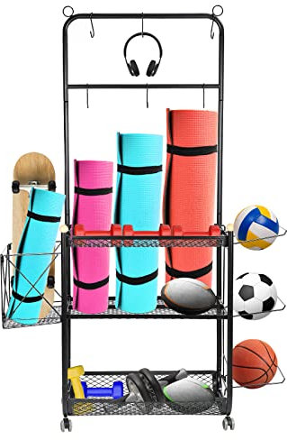 sourcing map Hause Gym Lagerung Rack Yoga Matte Lagerung Regale Verbessert Gewichtskorb mit Haken und Rädern Passend für Kurzhanteln Kugelhanteln und Kraftgeräte