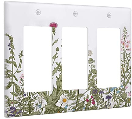 Rustikale Lichtschalter-Abdeckung mit wildem Blumenmuster, Vintage-Stil, botanisch, dreifach, dekorativ, 3-Gang-Dekora, Wandplatte, Gifi-Lichtschalter-Blende für Badezimmer und Küche, 16,21 x 12,4 cm