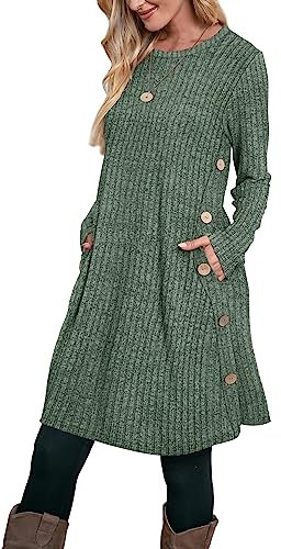 Aokosor Women's Christmas Jumper Tunic Dress with Pockets & Side Buttons - Long Sleeve Green Size 14-16