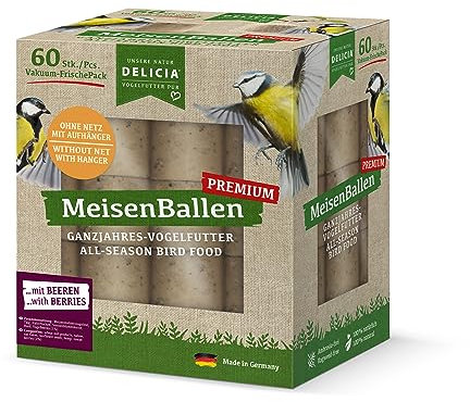 DELICIA® Premium MeisenBallen mit Beeren (60 St. ohne Netz) · Meisenknödel mit Aufhänger · Fettblock für Gartenvögel & Wildvögel · Vogelfutter Knödel · Körnerkugel zum Aufhängen