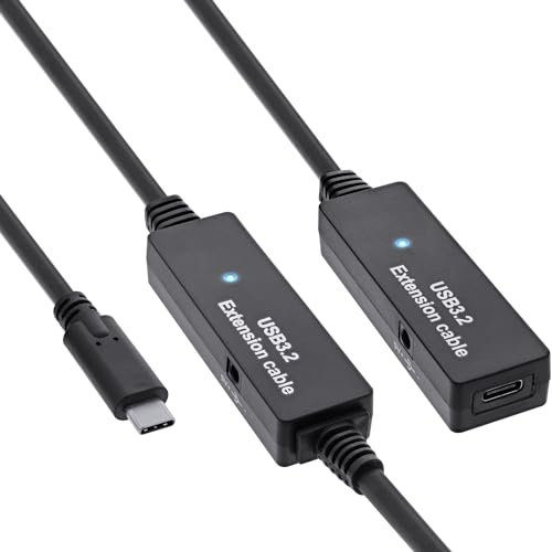 InLine USB 3.2 Gen.1 Active Extension, USB-C Male to USB-C Female, Reaper Cable with Signal Amplification, Long Distances, for Hard Drives, Printers, Webcams, Keyboards and More, 10m, 35655C