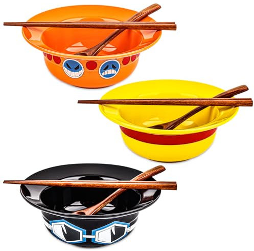 3-teiliges Anime-Ramen-Schalen-Set, Ramen-Schalen-Set, Strohhut-Design, japanische Ramen-Keramik-Schüssel-Set, 9 Stück, mit Essstäbchen und Löffel