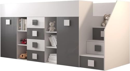MEBLE KRYSPOL Toledo 3 Hochbett für Kinder, Jugendliche mit Stauraum - Etagenbett mit Schreibtisch, Kleiderschrank, Regal, Schubladen, Treppe - 248,5x93x123 cm - Weiß, Grau, Weiß + Grau