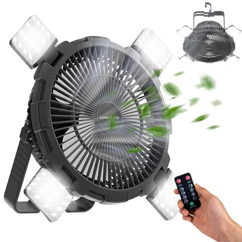 Qoosea Camping Ventilatore 3 IN 1 Camping Fan per Tenda USB Ventilatore 8000mAh Ricaricabile Tenda Ventilatore da Soffitto Fan Desk con Luce LED Gancio Telecomando Ventilatore Portatile per Car Office