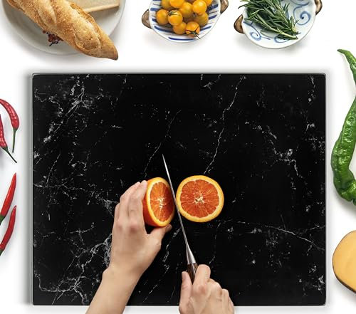 Tabla de cortar de cristal grande de 50 x 40 cm: protector de encimera de vidrio para cocina, duradero, higiénico, resistente a los arañazos, resistente al calor, diseño de mármol negro