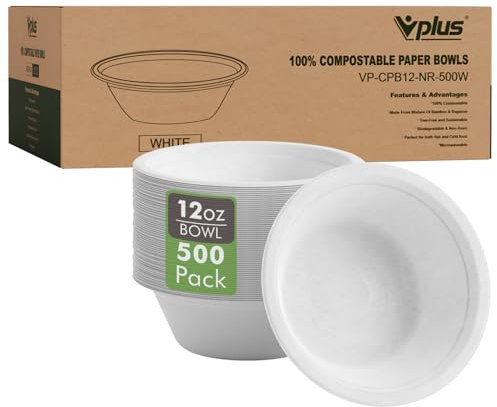 Vplus 500 Pack 12 OZ Compostable Paper Bowls, Bagasse Bowls Bulk,White