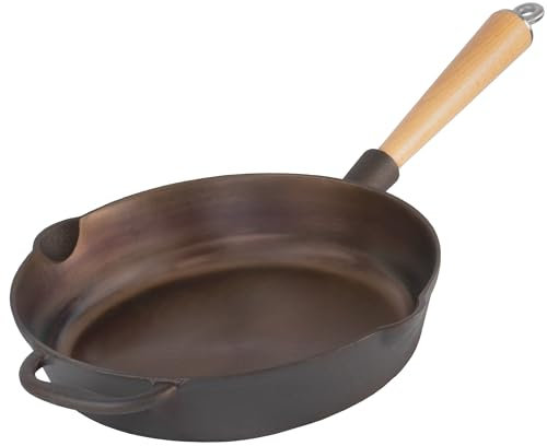 Mahlzeit Sartén de Hierro Fundido Pulido Antiadherente con 2 Boquillas de Ø 27 | Sartén Redondo de Hierro Fundido con Mango de Madera | Sartén Universal, Sartén con Borde Alto, Sartén para Carne