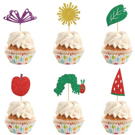 INNORU Very Hungry Caterpillar Cupcake Toppers, Cartoon Hungry Caterpillar Butterfly Birthday Party Dessert Cupcake Decor, Kids Reading Story Baby Shower Party Decorations Supplies, Pack of 24 Glitter