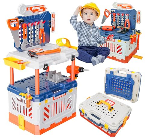 Toy Choi's Kids Tool Bench - 4 In 1 Kid Workbench with Electric Drill, 90 Pcs Tools Set Work Bench Playset Toy Gift for Toddler Boys & Girls