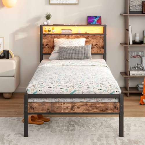 BORPHOM Single Bed Frame with Storage Wood Headboard Shelf,LED Lights,3ft Metal Bed Frame Single Bed with Charging Station,No Box Spring Needed,Strong Iron Platform Bed for Bedroom,Noise Free,Brown