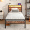 BORPHOM 3ft Single Bed Frame with Storage Headboard and LED Lights,Metal Platform Bed Frame with Charging Station,Mattress Foundation/Strong Slats Support/Underbed Storage/Easy Assembly/Brown
