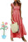 CAMPMINE Robe longue d'été à carreaux multiples avec smocks et bretelles spaghetti pour femme - Style rétro - Col carré, Rouge, XL