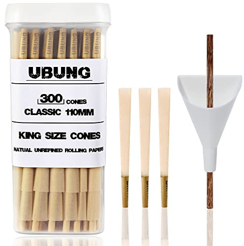 UBUNG Brown Cones, 300 Pcs King Size Brown Pre Rolled Cones With Tips, Slow Type Rolling Paper, Length 4.25 in / 108 mm, Including 1 Cone Loader And 1 Push Rod